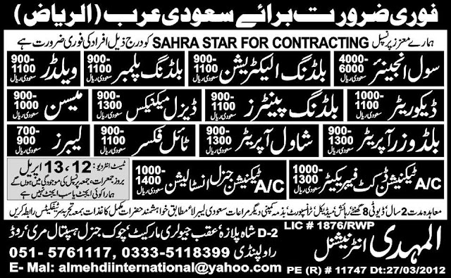 Jobs in Sahra Star for Contracting, Saudi Arabia