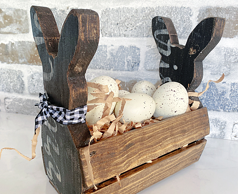 bunny basket with filler and eggs
