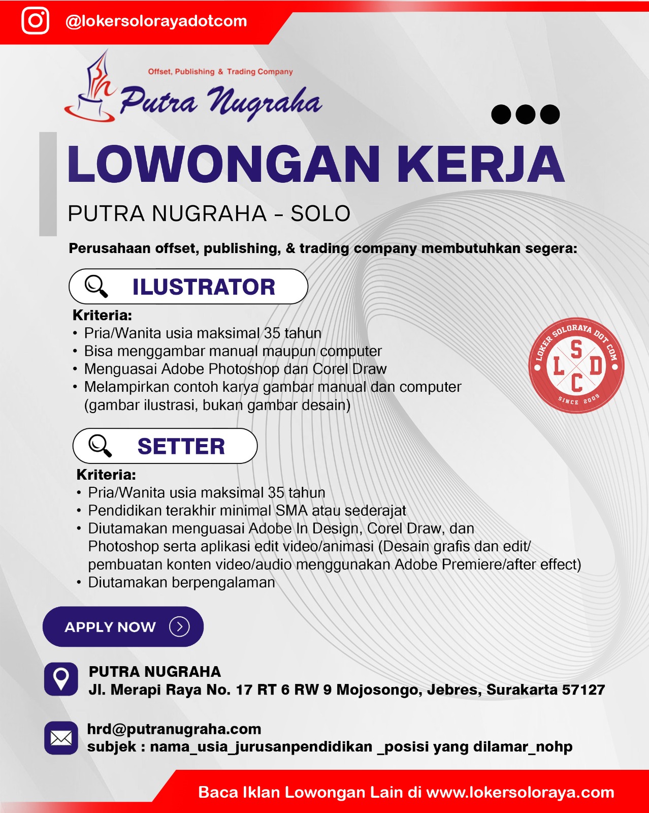 Lowongan Kerja Putra Nugraha Solo untuk 2 Posisi