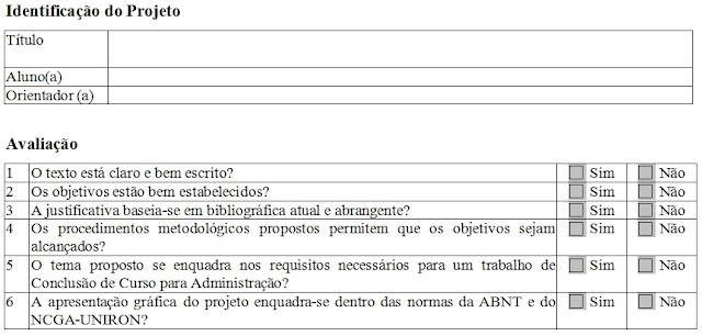 Avaliação projeto pesquisa