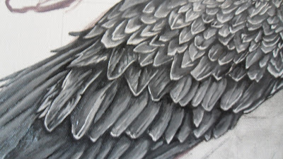 Work in Progress, Grisaille underpainting. Source shows close up of Resting white-tailed eagle wing.