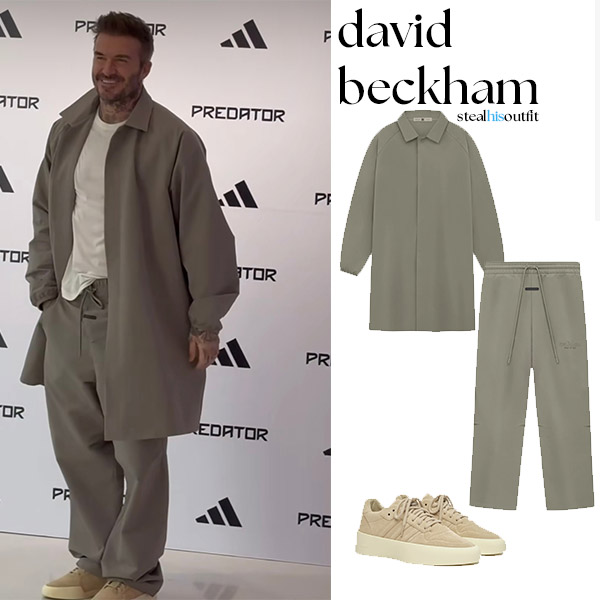 David Beckham in khaki coat, joggers and sneakers