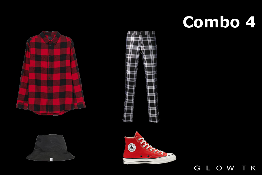 Áo flannel + plaid pants + mũ bucket + giày Converse