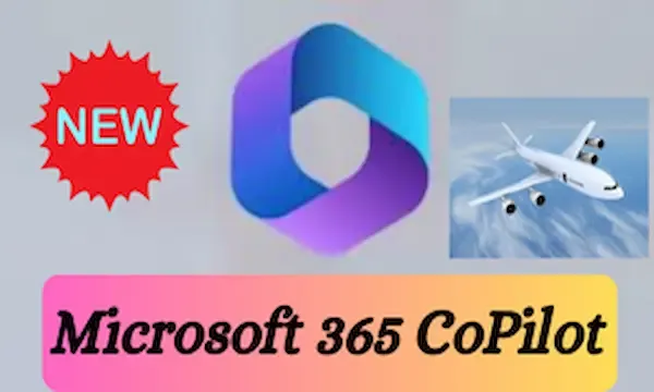 a purple hexagon with the text "Microsoft 365 CoPilot" next to a white airplane. The image also has the word "NEW" written in bold letters at the top.  The purple hexagon is the Microsoft logo.