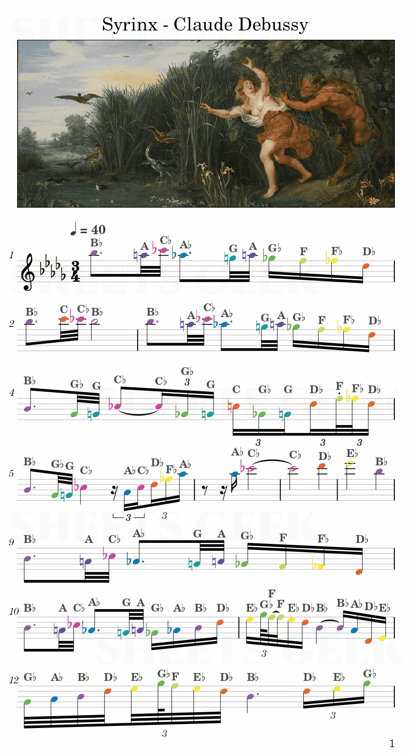 Syrinx - Claude Debussy Easy Sheets Music Free for piano, keyboard, flute, violin, sax, celllo 1