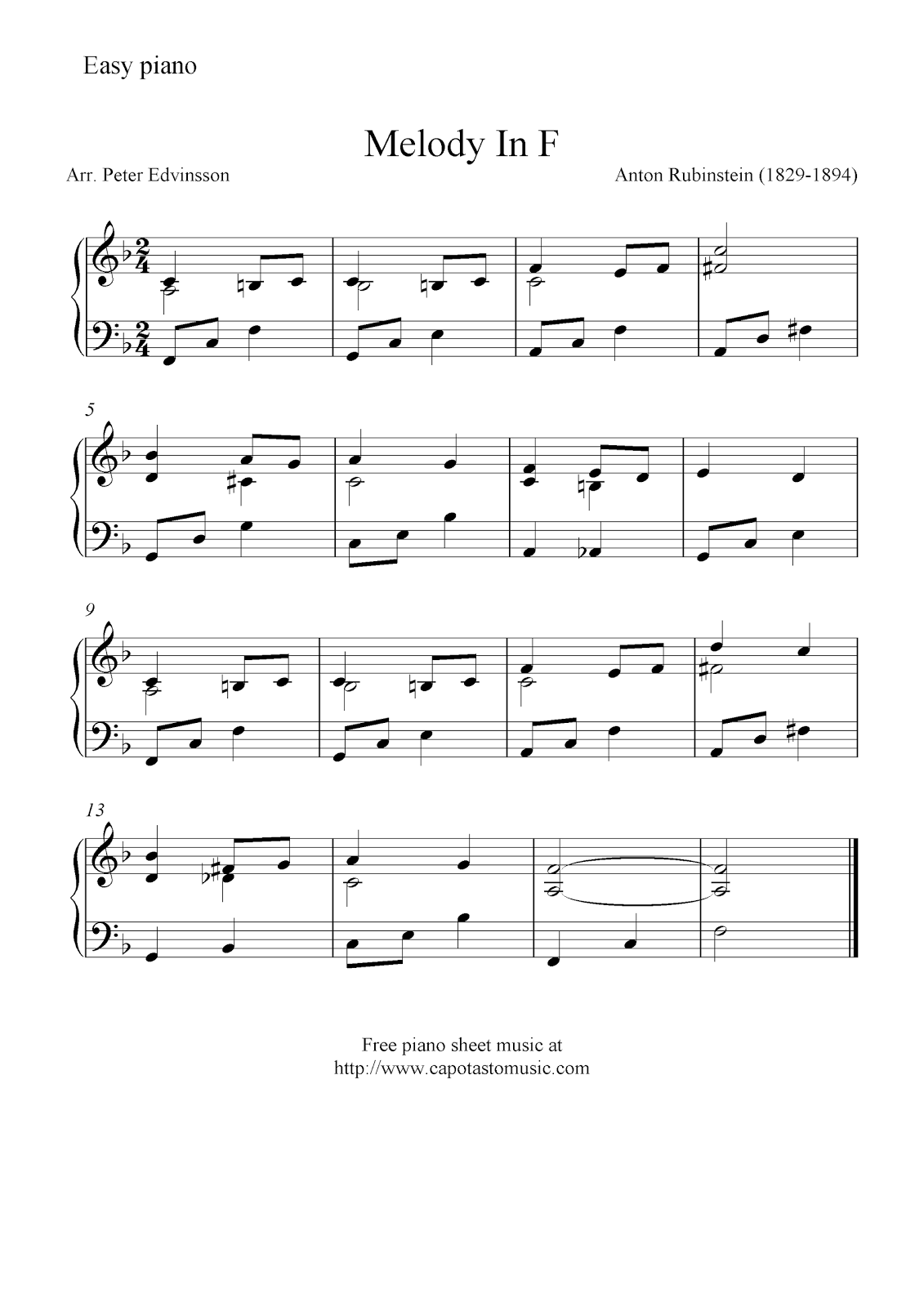 Free easy piano sheet music notes, Melody In F by Anton Rubinstein
