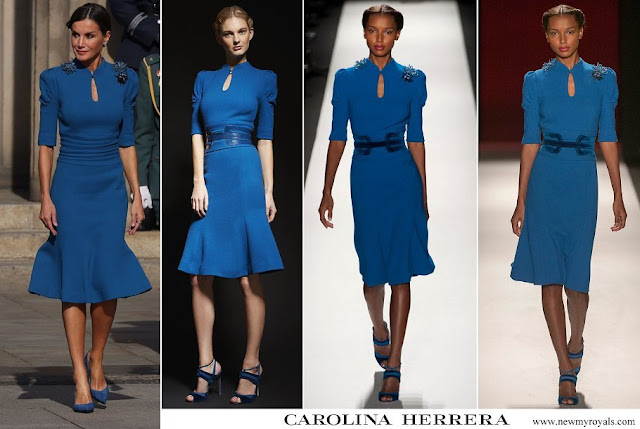 Queen Letizia wore royal blue dress by Carolina Herrera Fall 2013 collection