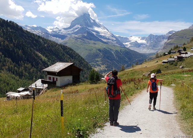 Approaching Findeln. Chez Vrony is the mountain restaurant on the right of the picture.