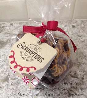 Craft with Beth: Here's to Cheers Cheerful Tags Framelits Christmas Gift Packaging Chocolate Covered Pretzels Salted Caramel Candy   Cane Lane