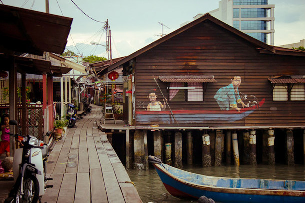 penang chew jetty street art mural children on boat