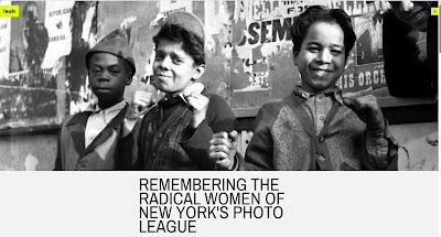 screen shot of on-line article "Remembering the radical women of The Photo League" with close up of 3 boys posing with fists raided in front of poster-covered outside wall