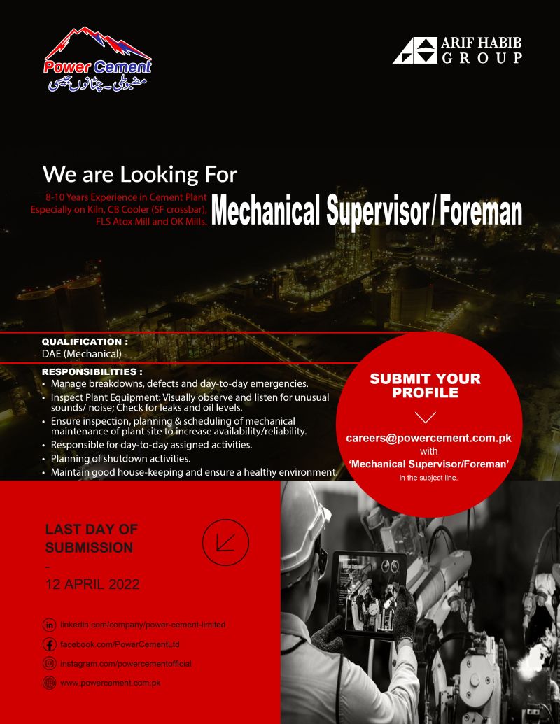 Power Cement Limited Jobs Mechanical Supervisor / Foreman