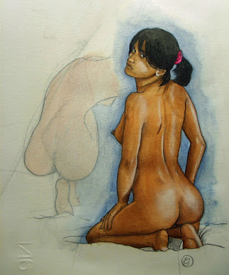 esquisse,dessin,crayons,aquarelle,modèle,fille nue,couleurs