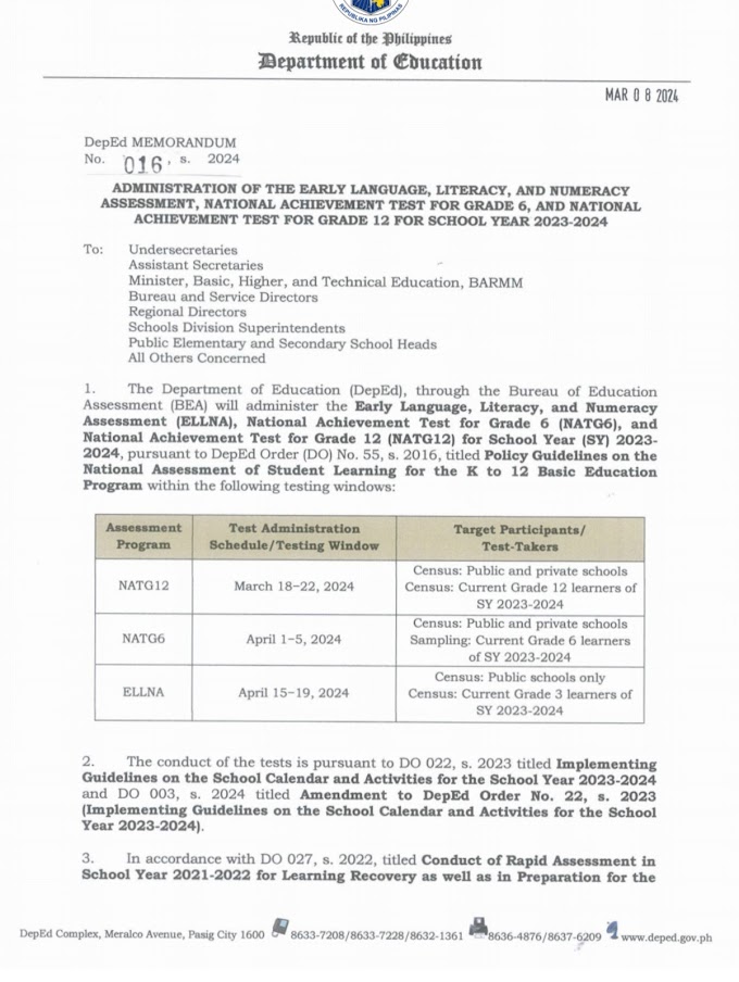 Administration and Schedule of NATG12, NAT6, ELLNA SY 2023-2024 revealed through Memorandum No. 016 series of 2024 | Download here!