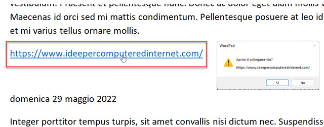 collegamento inserito in wordpad