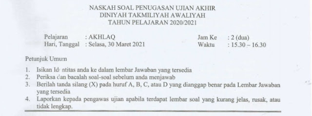 Kumpulan Soal Ujian Akhir Madrasah Kelas 4 MDTA Mapel Akhlak Terbaru Tahun 2021 Dilengkapi Kunci Jawaban!