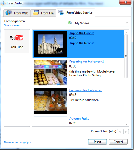 Choosing from your videos on YouTube