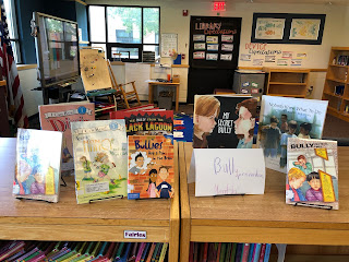 student-curated book display for Bullying Prevention Month in the school library