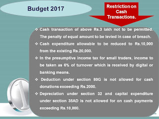 Cash transactions above Rs. 3 lakh not to be permitted,100% penalty is proposed to be levied in case of non-compliance, Cash expenditure allowable to be reduced from Rs. 20,000 to Rs. 10,000,In the presumptive income tax for small traders, income to be taken as 6% of turnover which is received by digital or banking means,Restricting cash donations,Disallowance of depreciation under section 32 and capital expenditure under section 35AD on cash payment