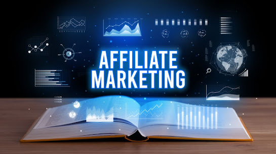 Virtual affiliate marketing signs over an open book.