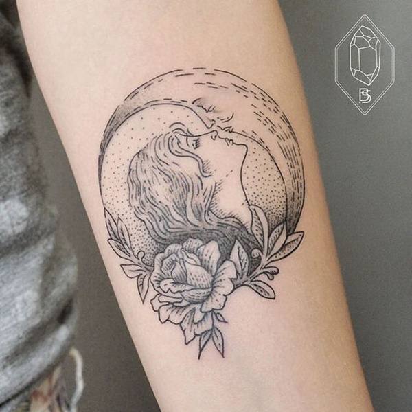 A mãe natureza, que fecha a distância para beijar uma personificação da lua crescente.
