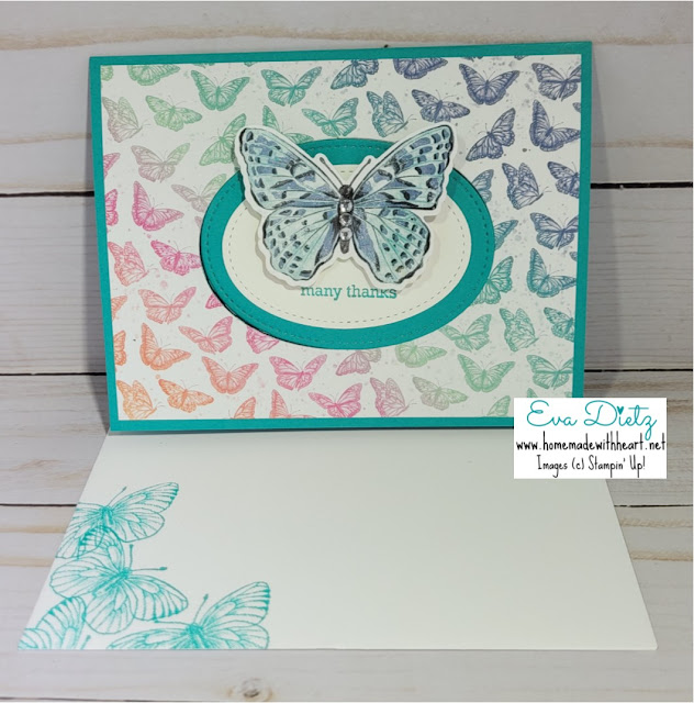 Moving Butterfly which moves and fills the oval opening of the pretty bermuda bay card with mini butterflies flying all over the designer series paper