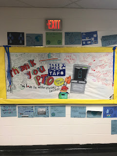 This picture shows a thank you bulletin board for our new water refill stations