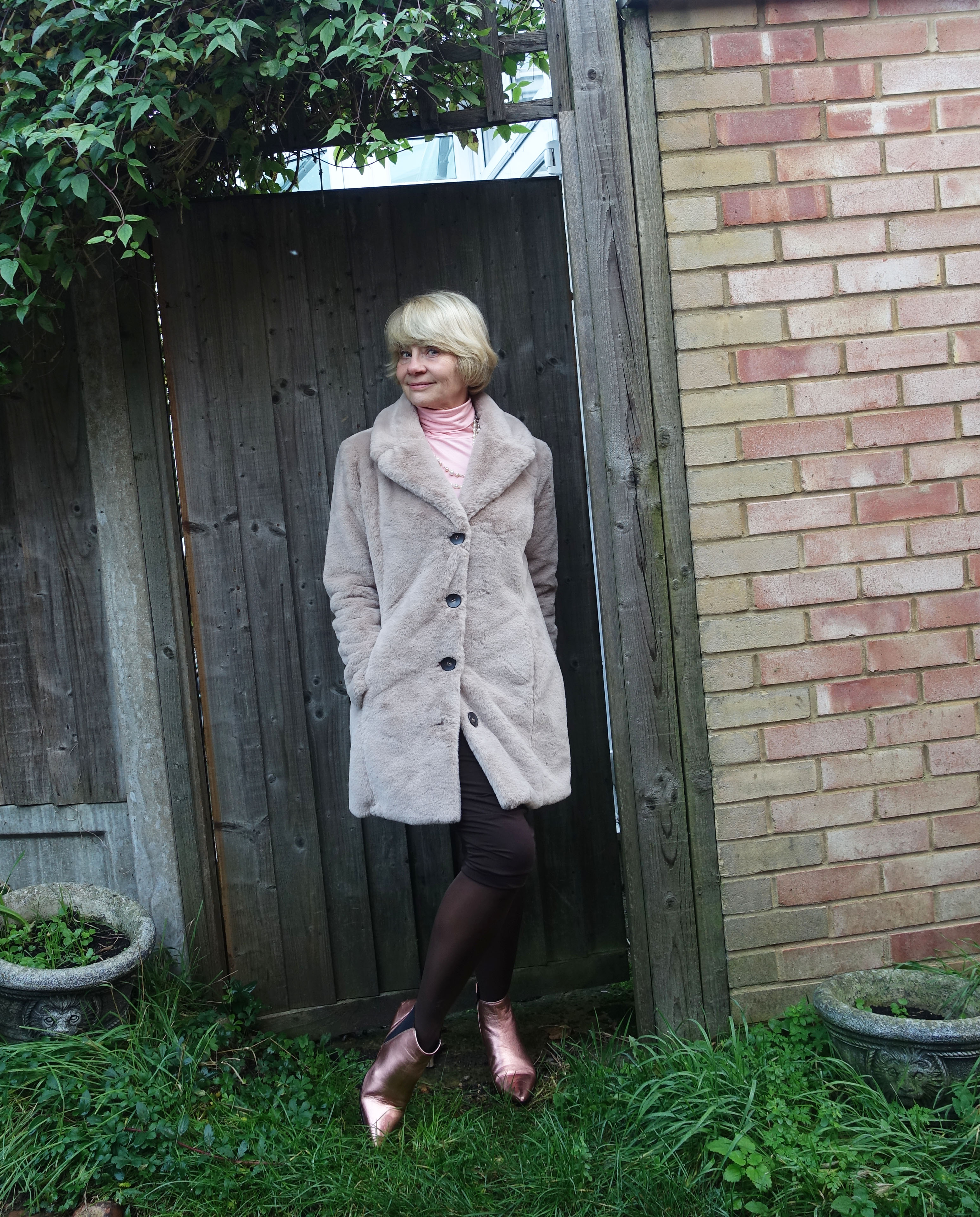 Gail Hanlon from over-50s style blog Is This Mutton in champagne faux fur coat from Cotton Traders