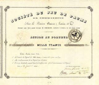 share certificate from the Société du Jeu de Paume, dated  1840, a tennis precursor