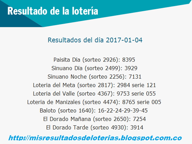 Sorteos de las Loterias de Colombia-Enero 4 2017