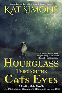 Cover art for Hourglass Through the Cats Eyes, with title at the bottom, author name at the top, and a yellow/blue background with a black and white cat in the desert looking up at lightning.