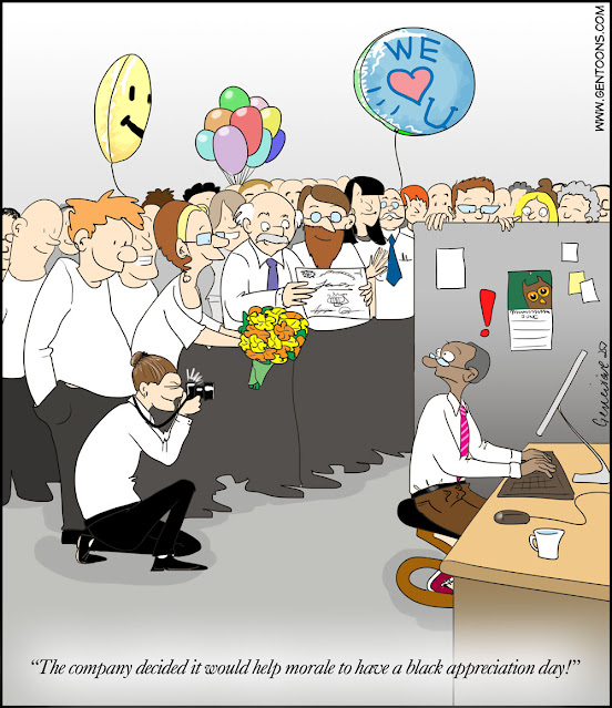 office full of white people all gathered smiling around the desk of one worker with brown skin. he look surprised. the crowd offers a bouquet and balloons, and takes a photo of him, as one of them presents a certificate and announces, "The company decided it would help morale to have a black appreciation day!"