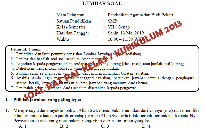 Soal Dan Kunci Jawaban Pat Pai Smp Kelas 7 Kurikulum 2013 Tahun