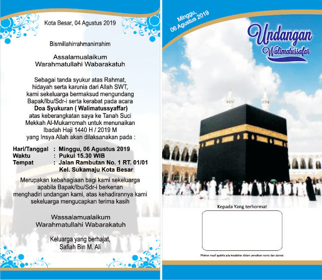 Contoh undangan walimatussafar haji