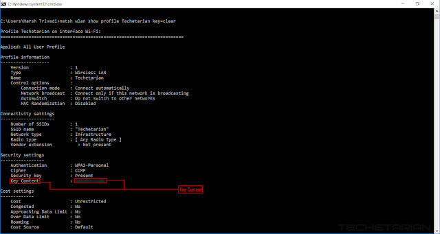 netsh wlan show profile Techetarian key=clear