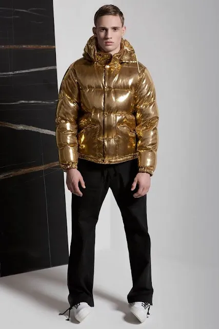 Golden puffy jacket worn by pale cute dude in 20's