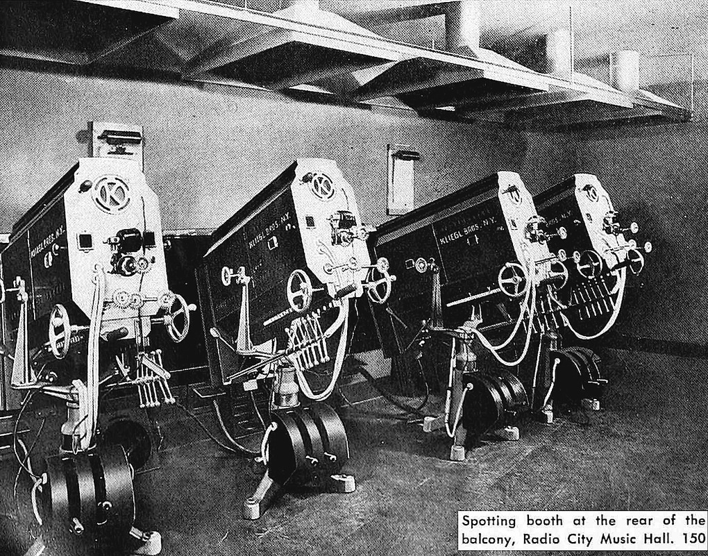 1949 theater spotlights at Radio City Music Hall, in the spotting booth, a photograph