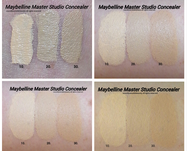 Maybelline FaceStudio Master Concealer Review & Swatches of Shades 010 Fair, 020 Light, 030 Light/Medium, 040 Medium, 050