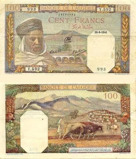 عملات نقدية وورقية مئة فرنك  ورقية قديمة