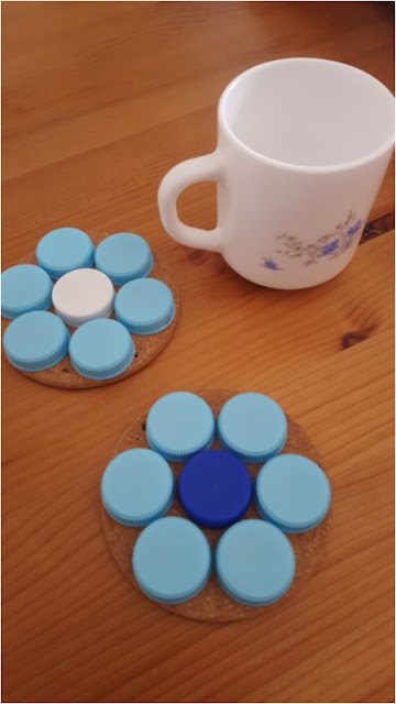 Upcycled: plastic bottle caps & cork coasters