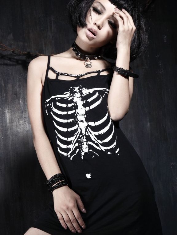 Black Skeleton Print Gothic Punk Dress