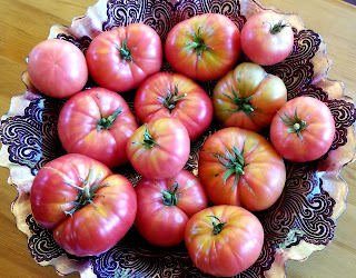 Bowl full of fresh harvested heirloom tomatoes