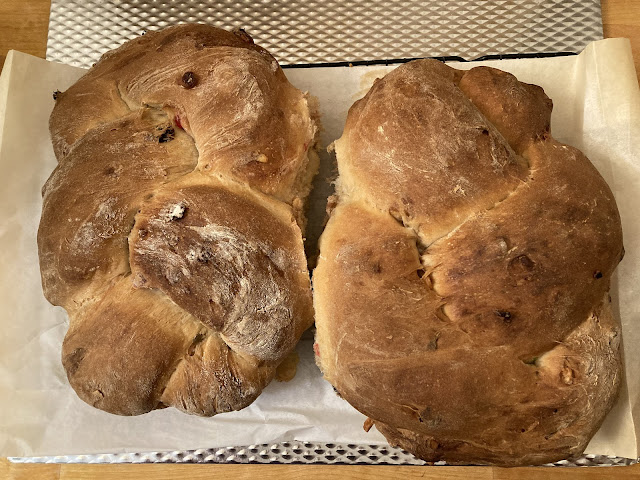 Two loaves of Christmas bread after being baked