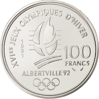 Coins of France 100 Francs Silver Coin 1991 Cross-country skiing 1992 Albertville Olympic Winter Games