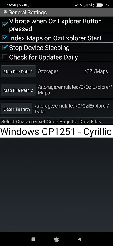 OziExplorer 1.37a for Android General Settings