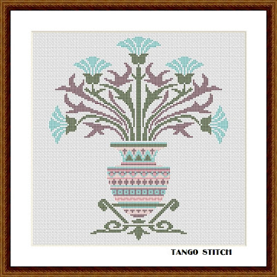 Pink ancient vase with blue flowers cross stitch ornament pattern - Tango Stitch
