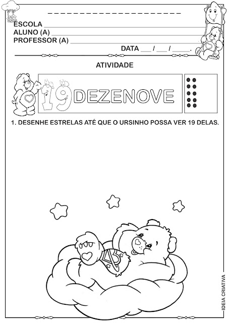 Atividade Numeral 19 Ursinhos Carinhosos completando quantidade.