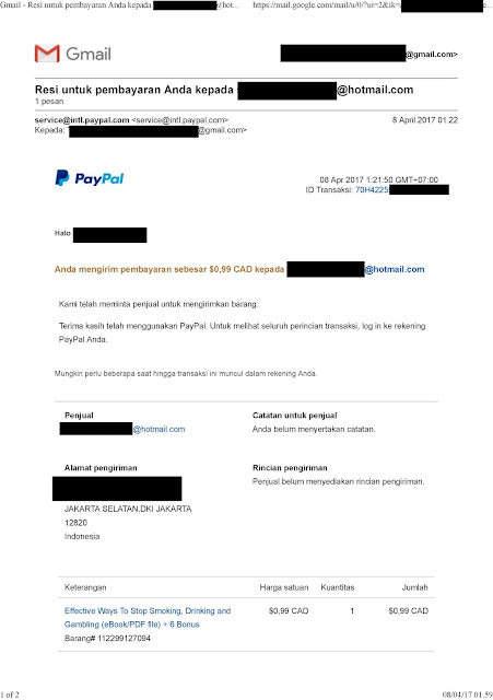 Contoh Transaksi Pembelian E-Book Di Ebay.com Dengan PayPal Sebesar 0.99 CAD (Canadian Dollar) Menggunakan Kartu Debit Visa BTN Diatas: