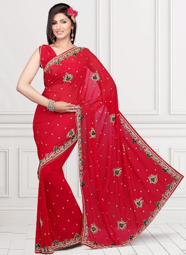 Red Designer Embroidery Saree