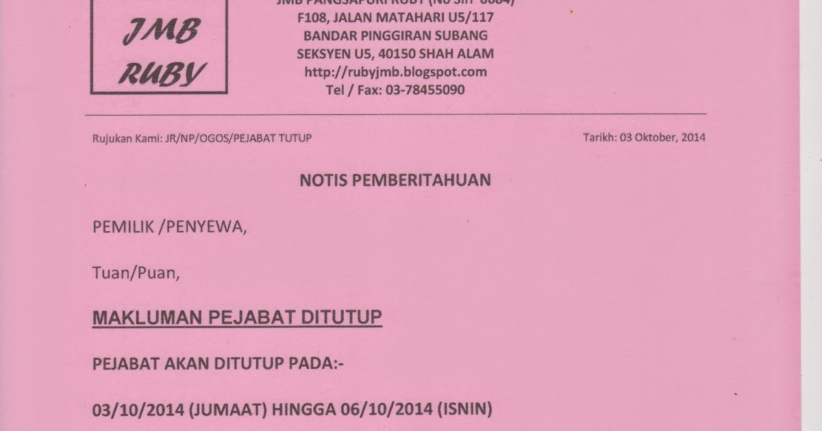 Contoh Surat Notis Tutup Kedai